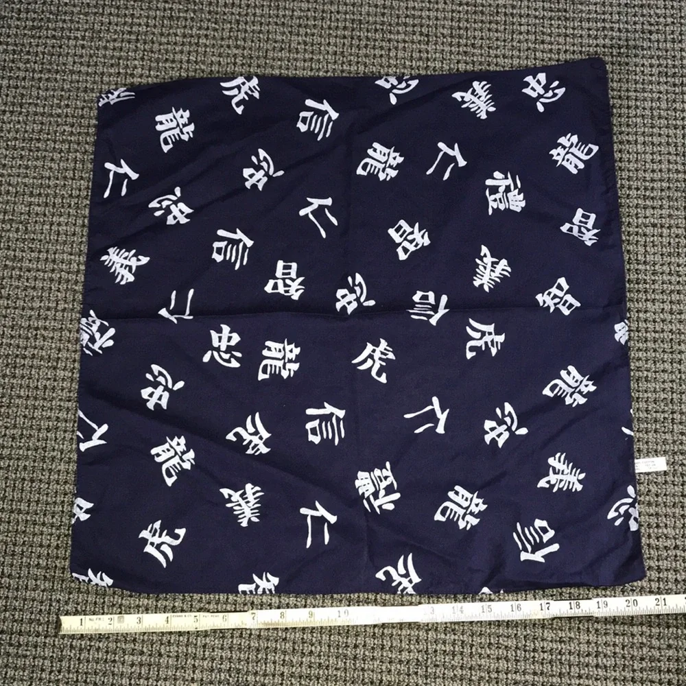 Navy‎ Blue Printed Square Scarf with White Asian Character Motif